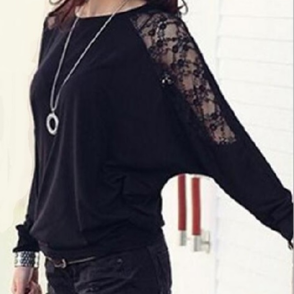 Black Lace Sleeves Top - Small Medium Large